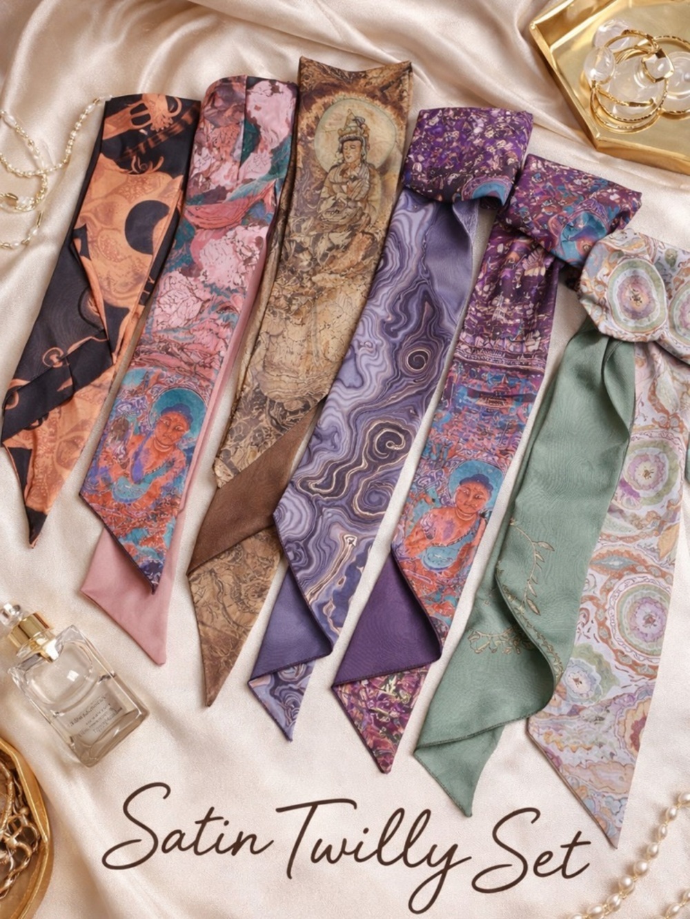NWT Twilly Scarf Set Art Print Hair Purse Bag Tie Boho Luxe Y2K